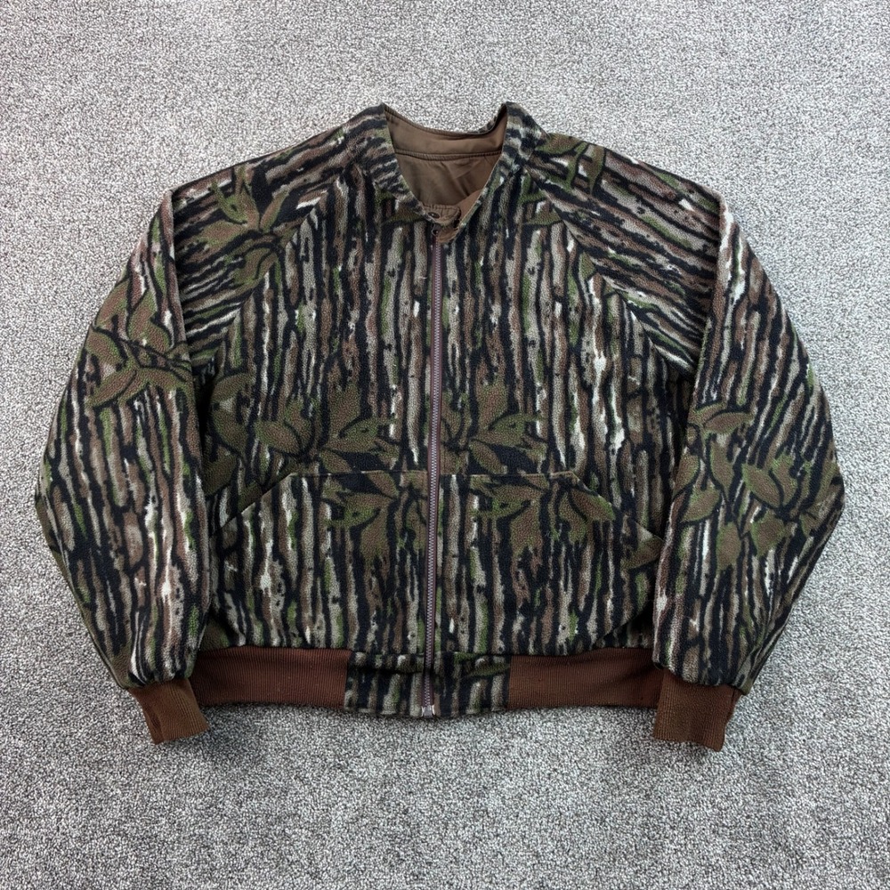 Vintage Fieldline Camo Jacket Mens XL Brown Tree Bark Camo Reversible Fleece